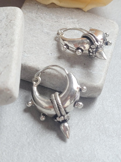 Silver Plated Tribal Hoop Earrings | Unique Statement Hoops | Boho Festival Earrings | 2.5cm Hoops