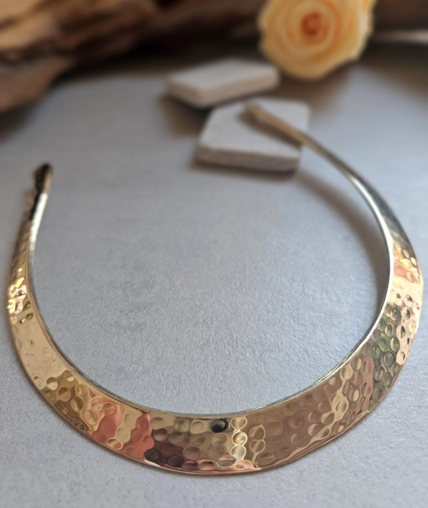 Hammered Brass Effect Choker Necklace | Gold Tone Open Collar | Boho Minimalist Jewellery
