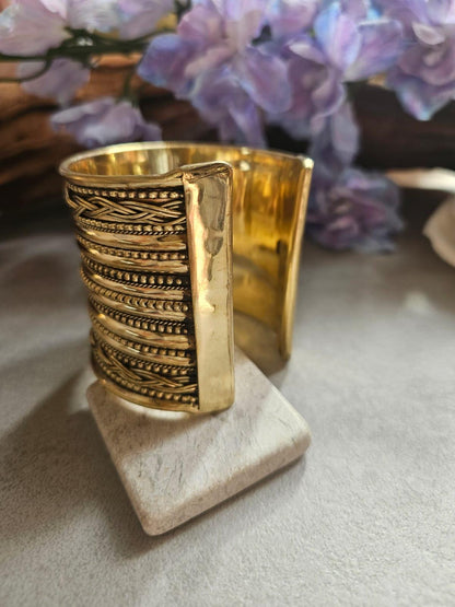 Wide Brass Statement Cuff Bracelet | Tribal Style Open Bangle | Boho Layered Brass Cuff | Bold Festival Jewellery | Adjustable Wrist Cuff