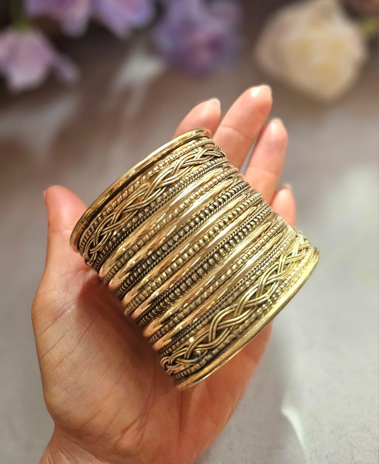 Wide Brass Statement Cuff Bracelet | Tribal Style Open Bangle | Boho Layered Brass Cuff | Bold Festival Jewellery | Adjustable Wrist Cuff