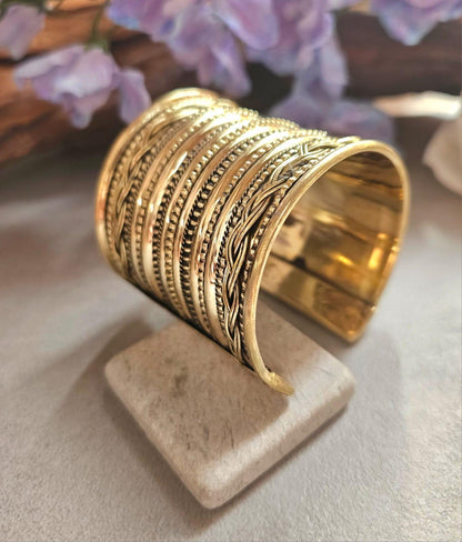 Wide Brass Statement Cuff Bracelet | Tribal Style Open Bangle | Boho Layered Brass Cuff | Bold Festival Jewellery | Adjustable Wrist Cuff
