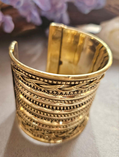 Wide Brass Statement Cuff Bracelet | Tribal Style Open Bangle | Boho Layered Brass Cuff | Bold Festival Jewellery | Adjustable Wrist Cuff