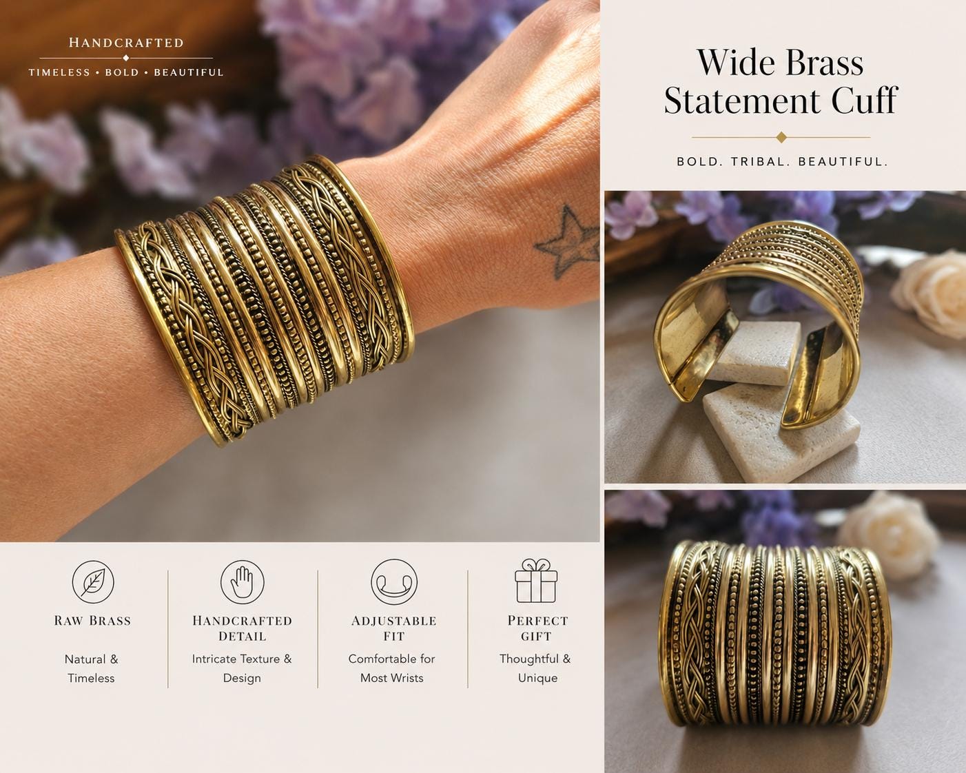Wide Brass Statement Cuff Bracelet | Tribal Style Open Bangle | Boho Layered Brass Cuff | Bold Festival Jewellery | Adjustable Wrist Cuff