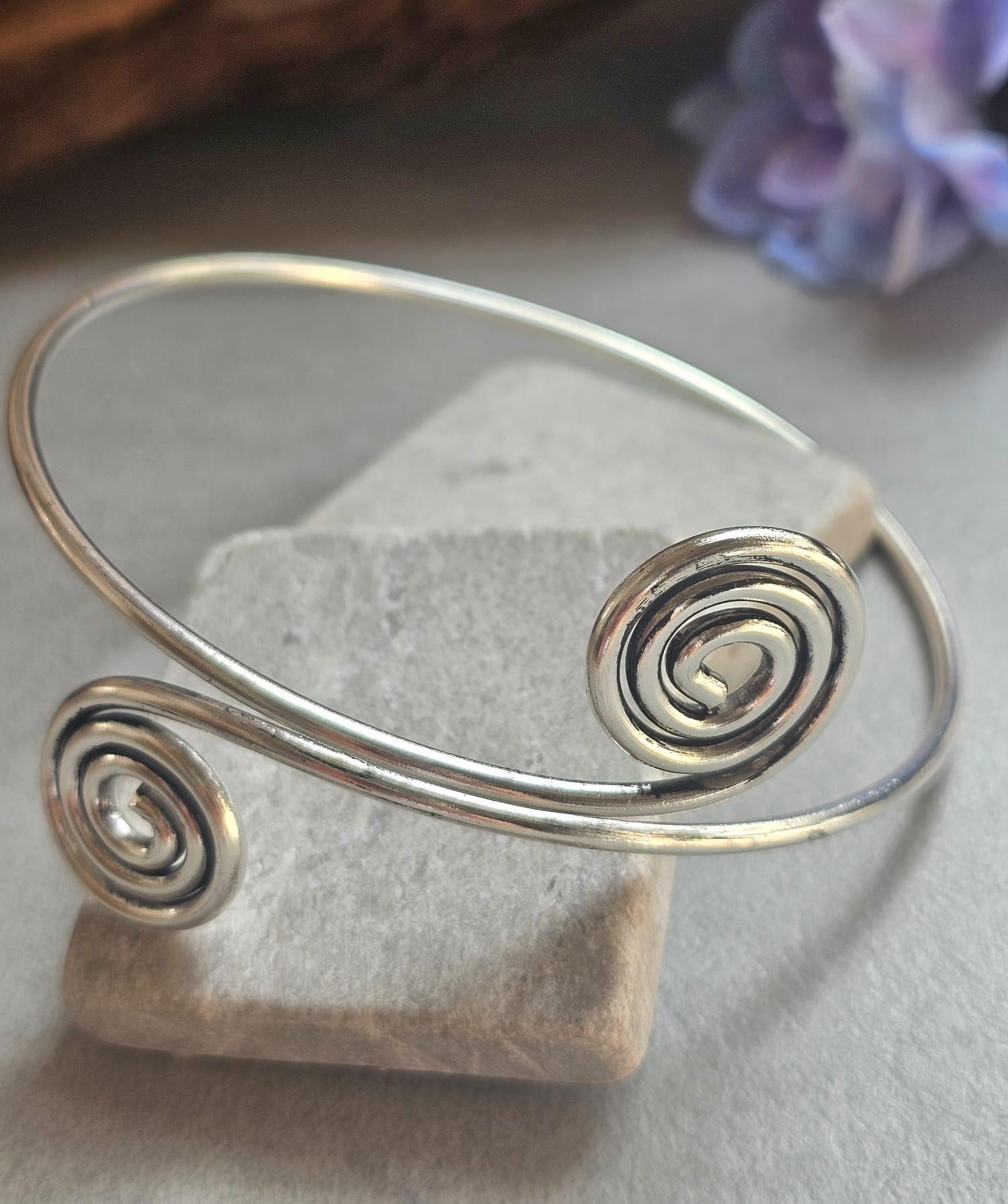Silver Plated Spiral Arm Cuff Bracelet | Boho Upper Arm Bracelet | Adjustable Armlet | Minimalist Spiral Bangle | Bohemian Jeweller