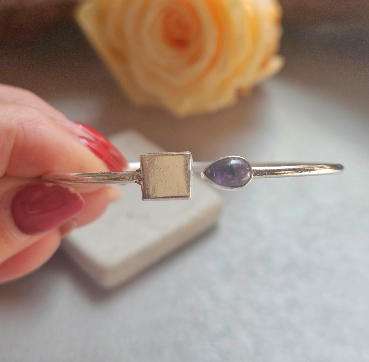 Silver Plated Amethyst Open Cuff Bracelet, Minimalist Adjustable Bangle, Dainty Boho Jewellery, Everyday Silver Bracelet, Gift for Her