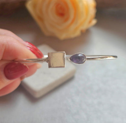 Silver Plated Amethyst Open Cuff Bracelet, Minimalist Adjustable Bangle, Dainty Boho Jewellery, Everyday Silver Bracelet, Gift for Her