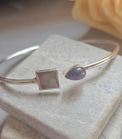 Silver Plated Amethyst Open Cuff Bracelet, Minimalist Adjustable Bangle, Dainty Boho Jewellery, Everyday Silver Bracelet, Gift for Her