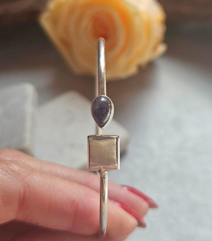 Silver Plated Amethyst Open Cuff Bracelet, Minimalist Adjustable Bangle, Dainty Boho Jewellery, Everyday Silver Bracelet, Gift for Her