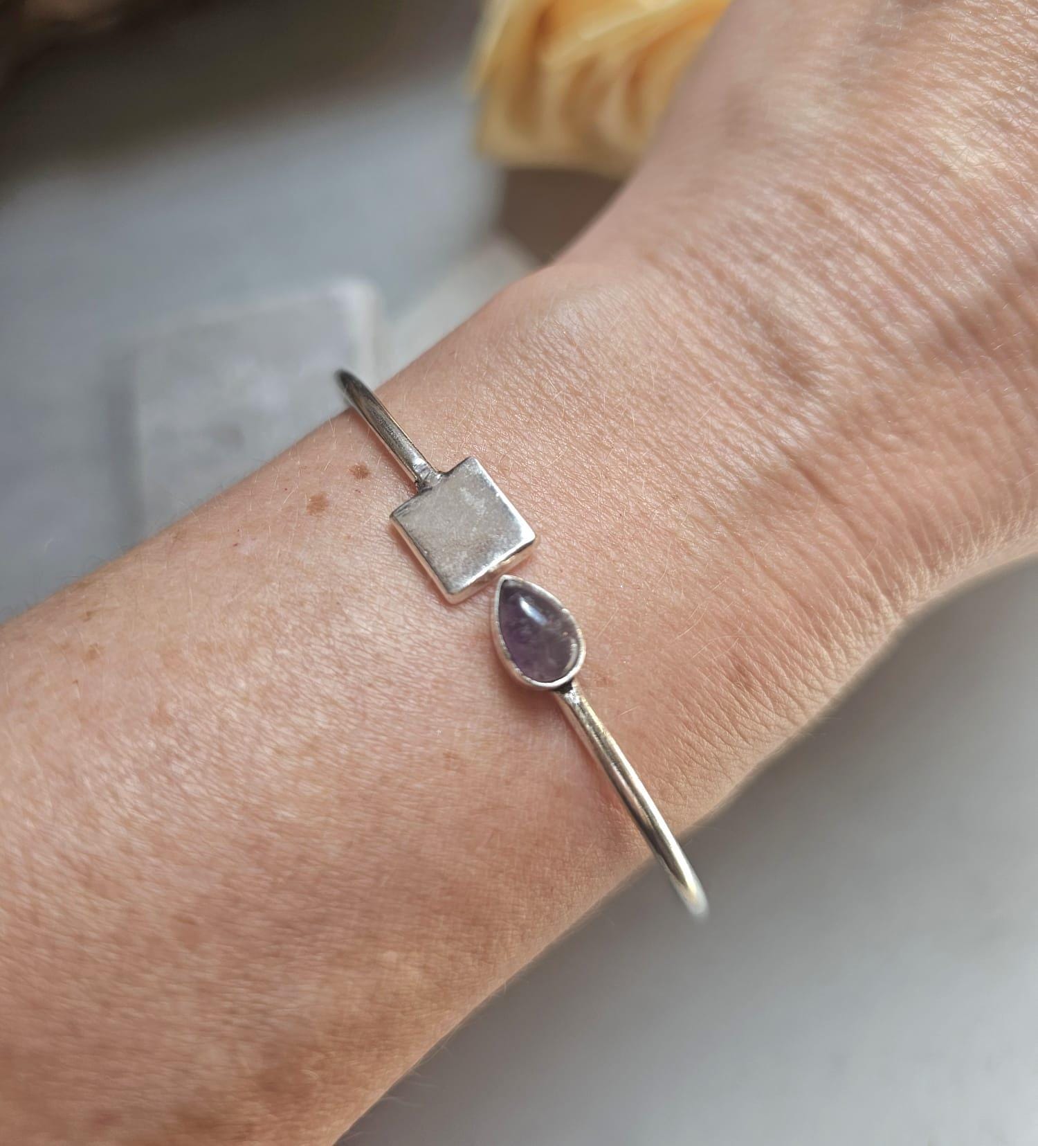 Silver Plated Amethyst Open Cuff Bracelet, Minimalist Adjustable Bangle, Dainty Boho Jewellery, Everyday Silver Bracelet, Gift for Her