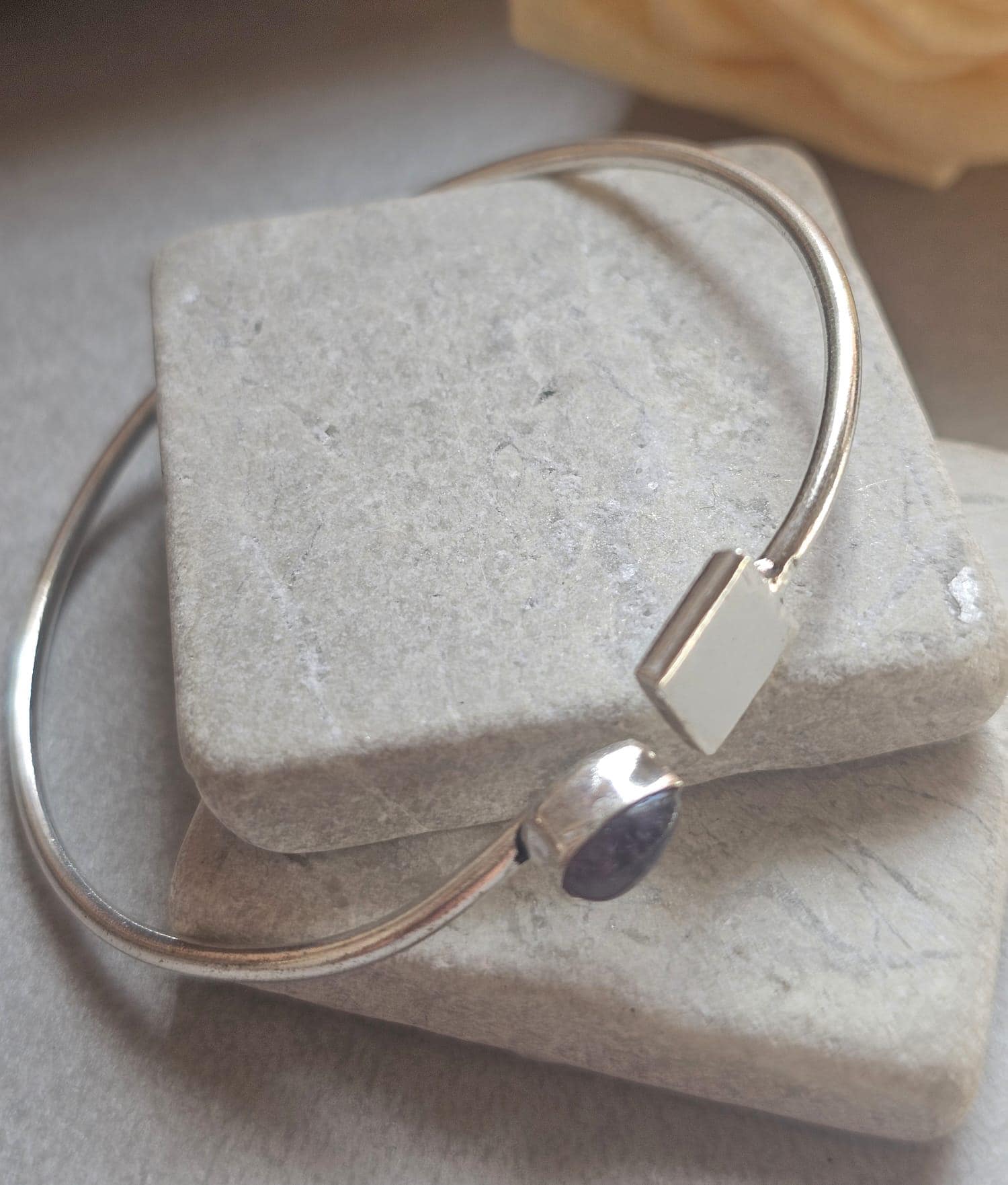 Silver Plated Amethyst Open Cuff Bracelet, Minimalist Adjustable Bangle, Dainty Boho Jewellery, Everyday Silver Bracelet, Gift for Her
