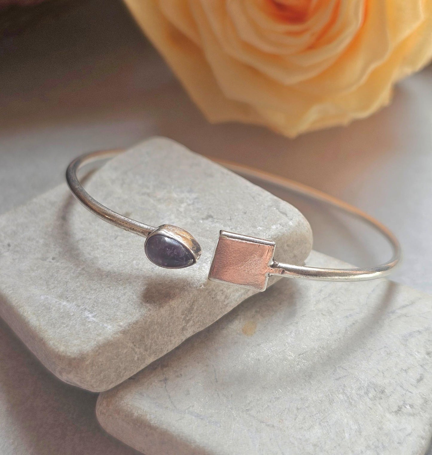 Silver Plated Amethyst Open Cuff Bracelet, Minimalist Adjustable Bangle, Dainty Boho Jewellery, Everyday Silver Bracelet, Gift for Her