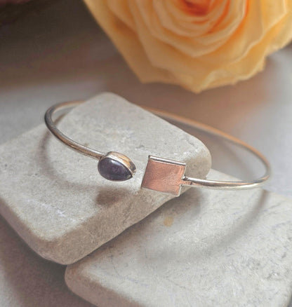 Silver Plated Amethyst Open Cuff Bracelet, Minimalist Adjustable Bangle, Dainty Boho Jewellery, Everyday Silver Bracelet, Gift for Her