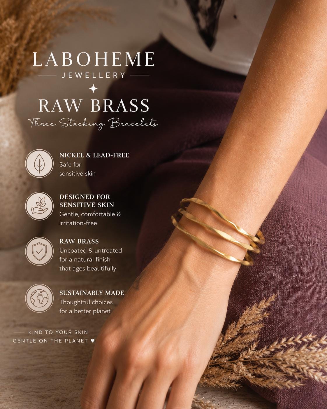 Raw Brass Stacking Bracelets | Nickel & Lead Free Cuff Set | Boho Layered Bangles | Laboheme Jewellery