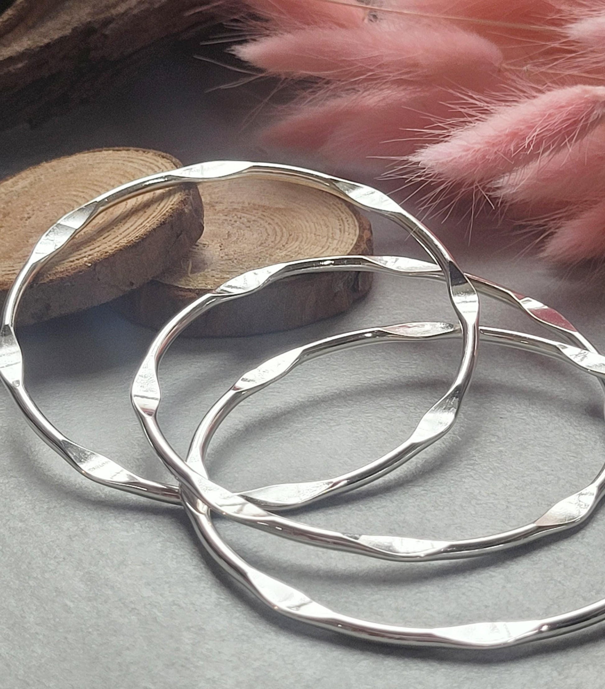 Silver Plated Stacking Bangles | Set of 3 Wavy Bracelets | Sensitive Skin Friendly Jewellery | Layering Bangle Set | Boho Silver Jewellery