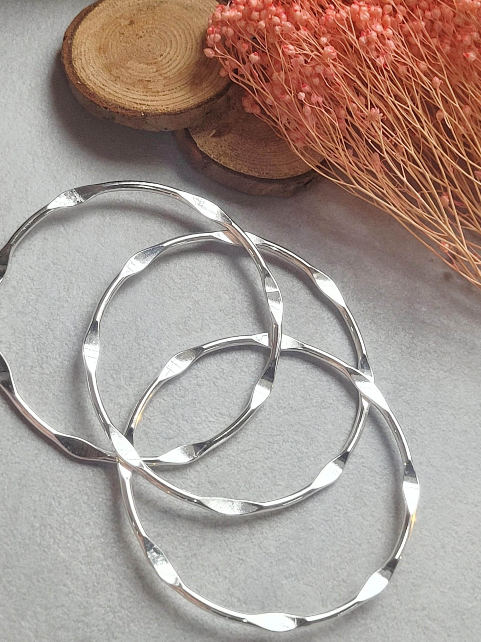 Silver Plated Stacking Bangles | Set of 3 Wavy Bracelets | Sensitive Skin Friendly Jewellery | Layering Bangle Set | Boho Silver Jewellery