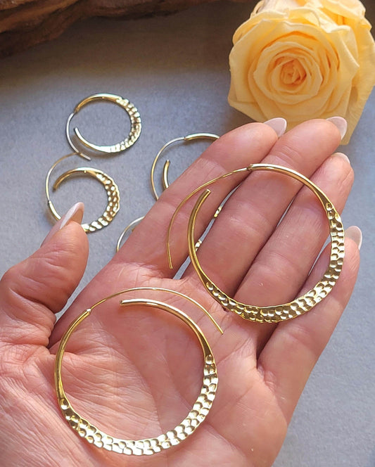 Hammered Brass Spiral Earrings | Minimalist Slip-On Hoop Earrings | Lightweight Boho Ear Spirals | Nickel Free & Lead Free | 4 Sizes Availab