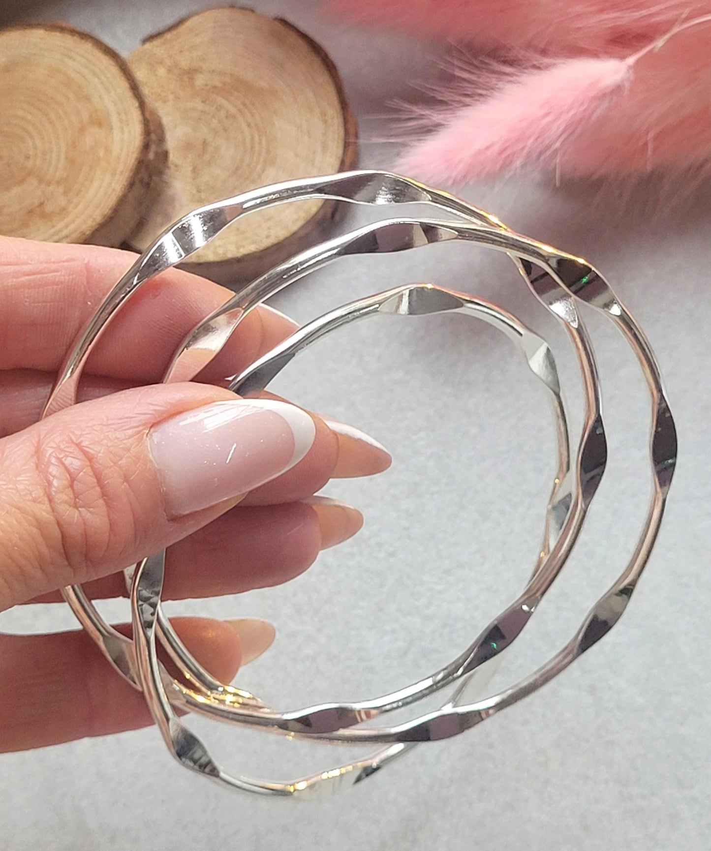 Silver Plated Stacking Bangles | Set of 3 Wavy Bracelets | Sensitive Skin Friendly Jewellery | Layering Bangle Set | Boho Silver Jewellery