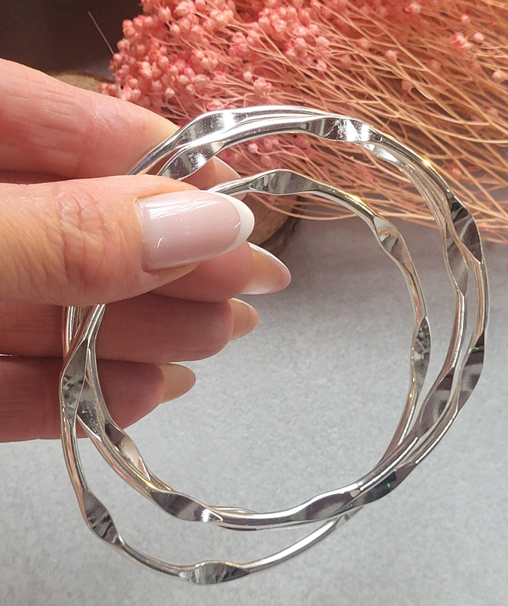 Silver Plated Stacking Bangles | Set of 3 Wavy Bracelets | Sensitive Skin Friendly Jewellery | Layering Bangle Set | Boho Silver Jewellery