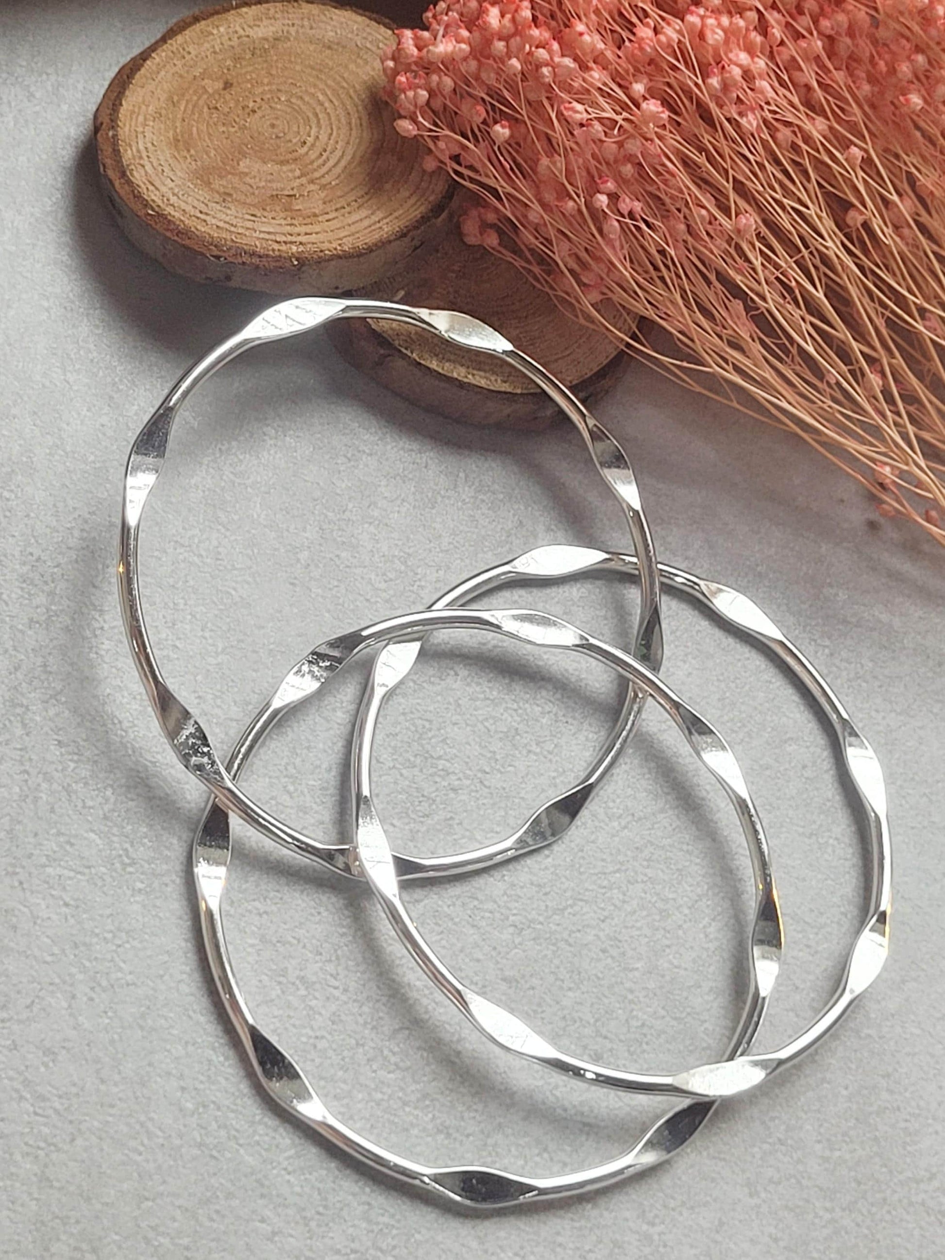Silver Plated Stacking Bangles | Set of 3 Wavy Bracelets | Sensitive Skin Friendly Jewellery | Layering Bangle Set | Boho Silver Jewellery