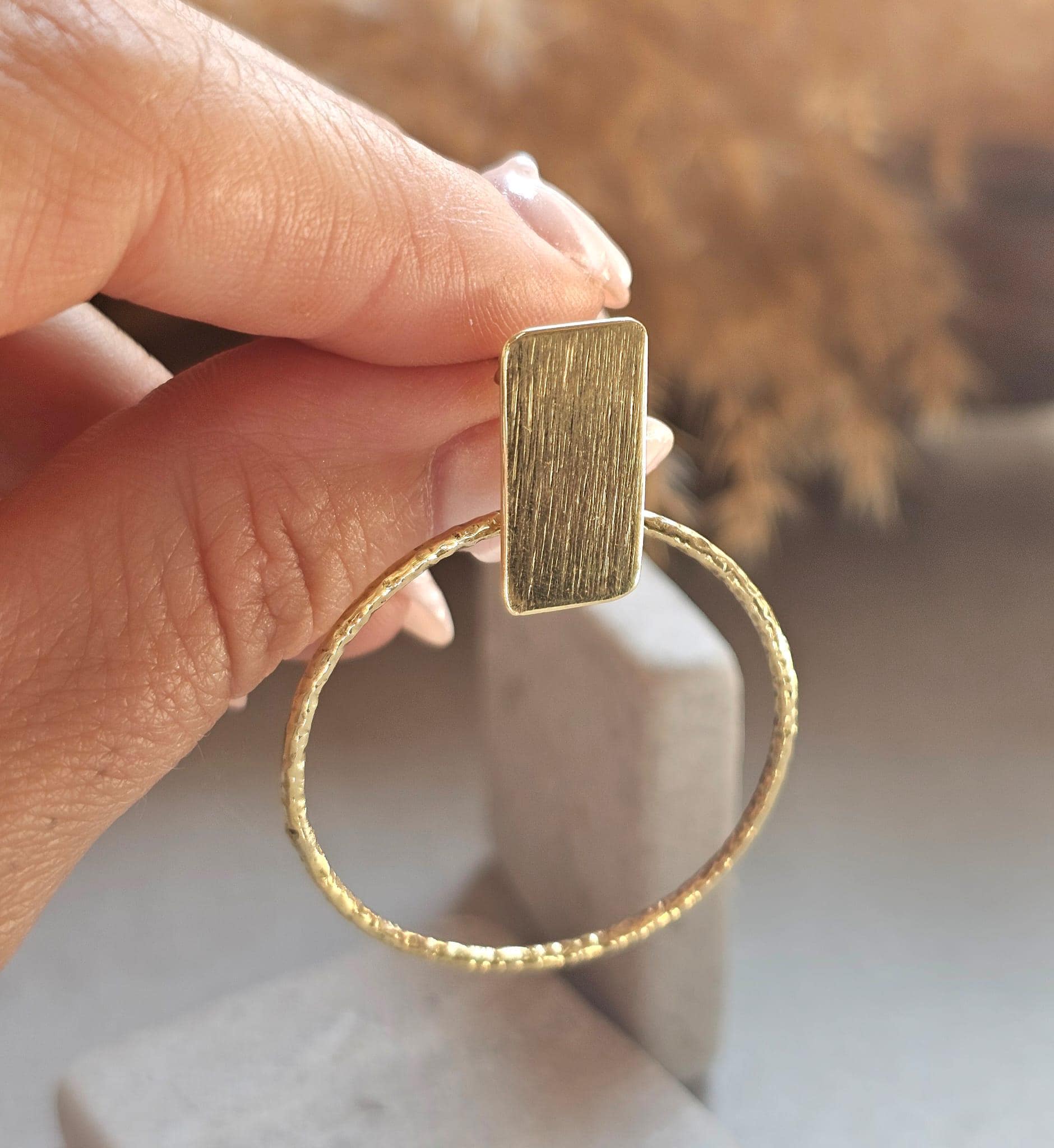 Raw Brass Hoop Earrings | Textured Circle Drop Earrings | Minimalist Statement Earrings | Lightweight Everyday Jewellery