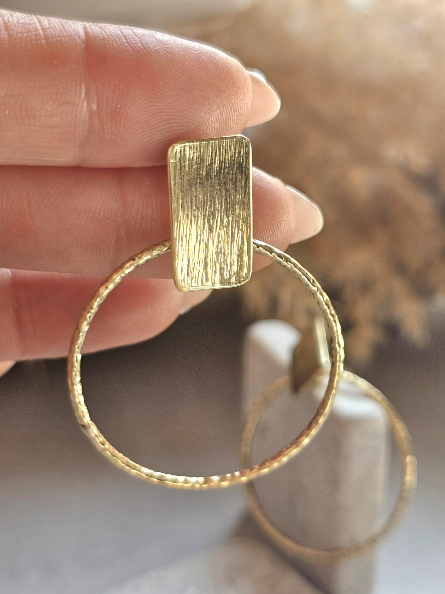 Raw Brass Hoop Earrings | Textured Circle Drop Earrings | Minimalist Statement Earrings | Lightweight Everyday Jewellery