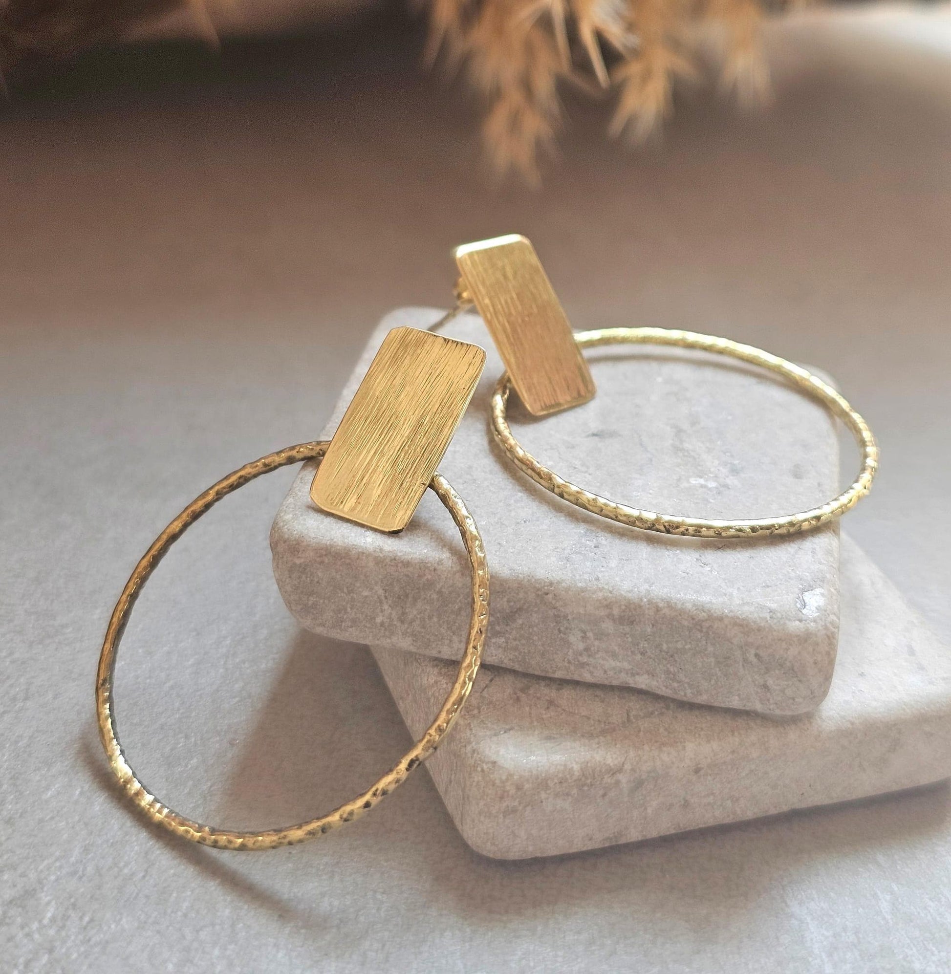 Raw Brass Hoop Earrings | Textured Circle Drop Earrings | Minimalist Statement Earrings | Lightweight Everyday Jewellery
