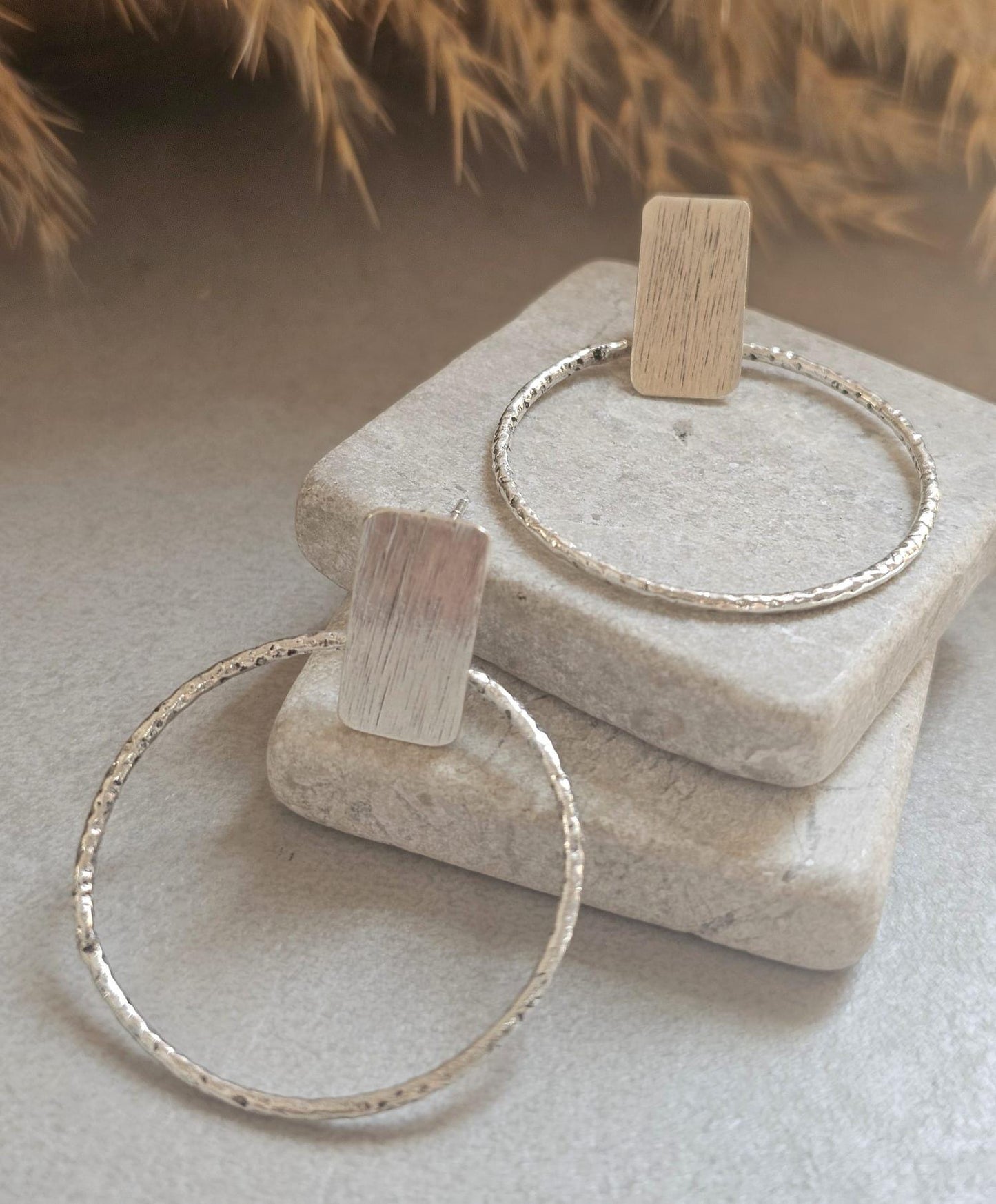 Silver Plated Face Forward Hoop Earrings | 4cm Textured Hoop Earrings | Minimalist Statement Earrings | Hypoallergenic Gift for Her