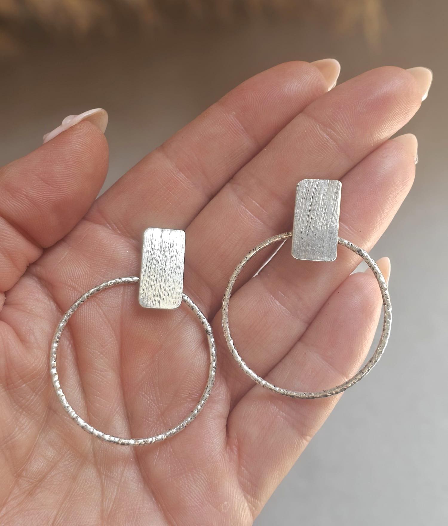Silver Plated Face Forward Hoop Earrings | 4cm Textured Hoop Earrings | Minimalist Statement Earrings | Hypoallergenic Gift for Her