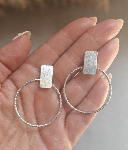 Silver Plated Face Forward Hoop Earrings | 4cm Textured Hoop Earrings | Minimalist Statement Earrings | Hypoallergenic Gift for Her