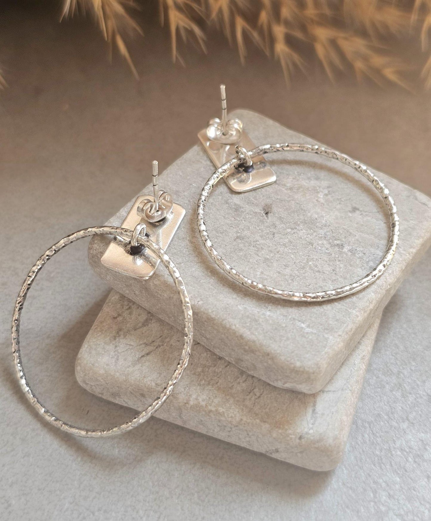Silver Plated Face Forward Hoop Earrings | 4cm Textured Hoop Earrings | Minimalist Statement Earrings | Hypoallergenic Gift for Her