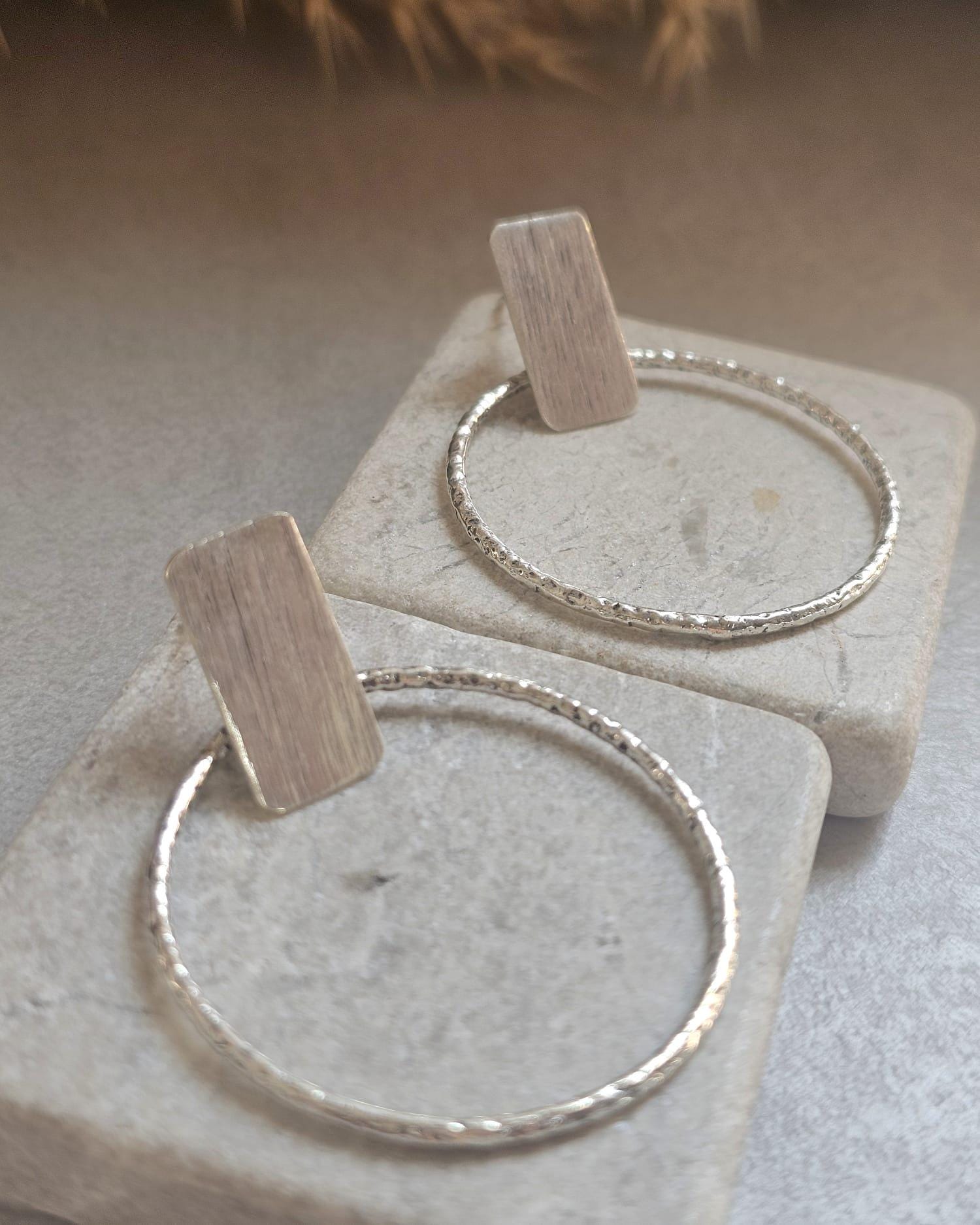 Silver Plated Face Forward Hoop Earrings | 4cm Textured Hoop Earrings | Minimalist Statement Earrings | Hypoallergenic Gift for Her