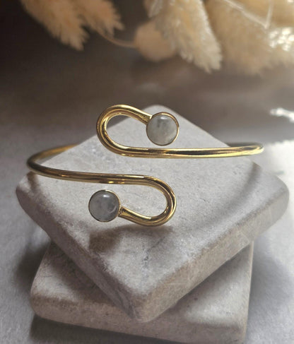 Raw Brass Double Stone Adjustable Bracelet | Minimalist Open Cuff Bracelet | Hypoallergenic Boho Jewellery | Gift for Her