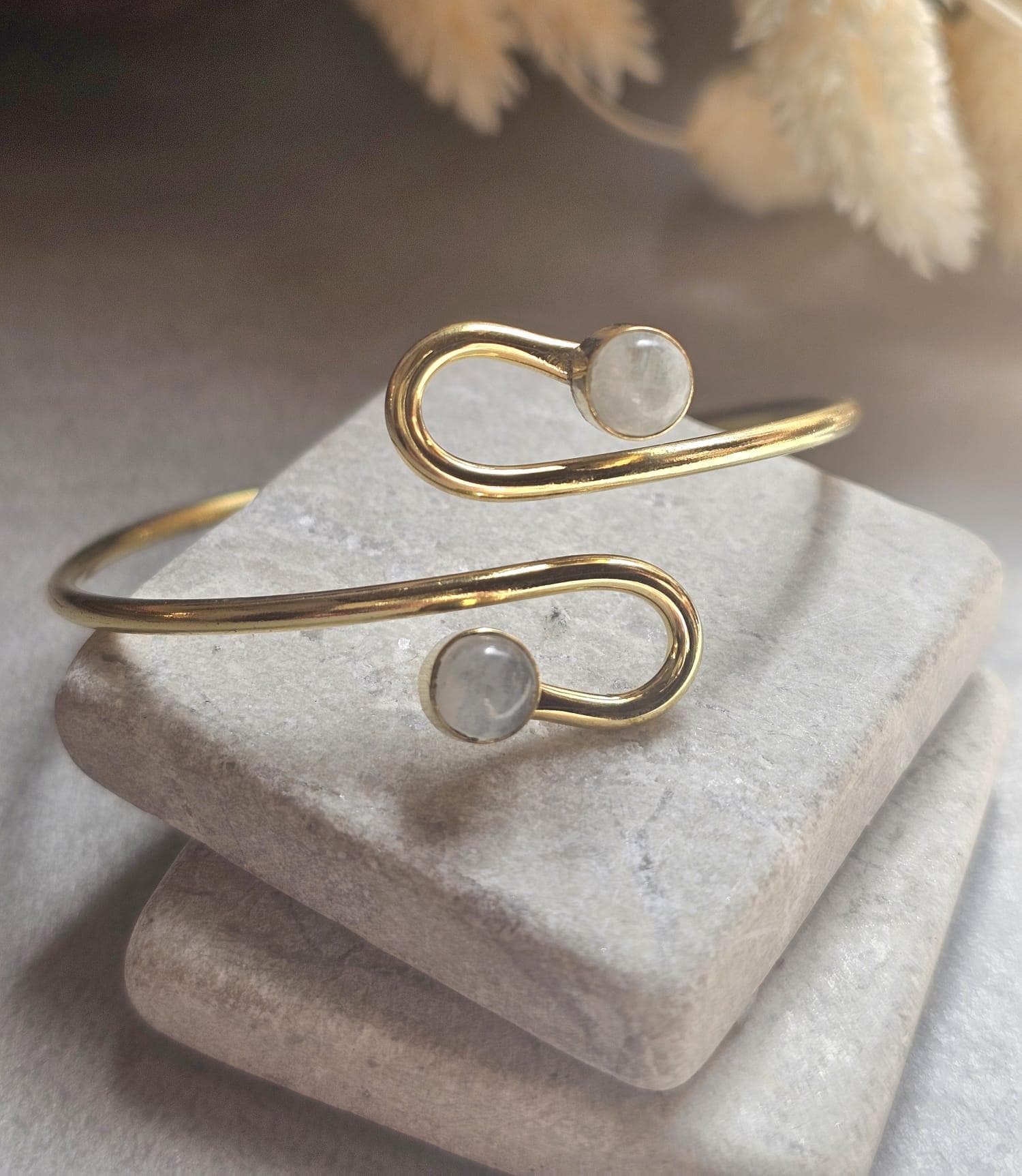 Raw Brass Double Stone Adjustable Bracelet | Minimalist Open Cuff Bracelet | Hypoallergenic Boho Jewellery | Gift for Her