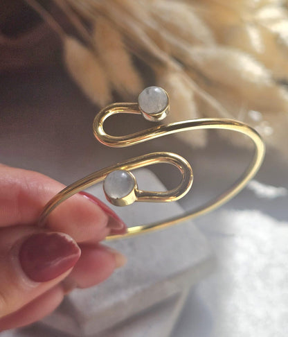 Raw Brass Double Stone Adjustable Bracelet | Minimalist Open Cuff Bracelet | Hypoallergenic Boho Jewellery | Gift for Her
