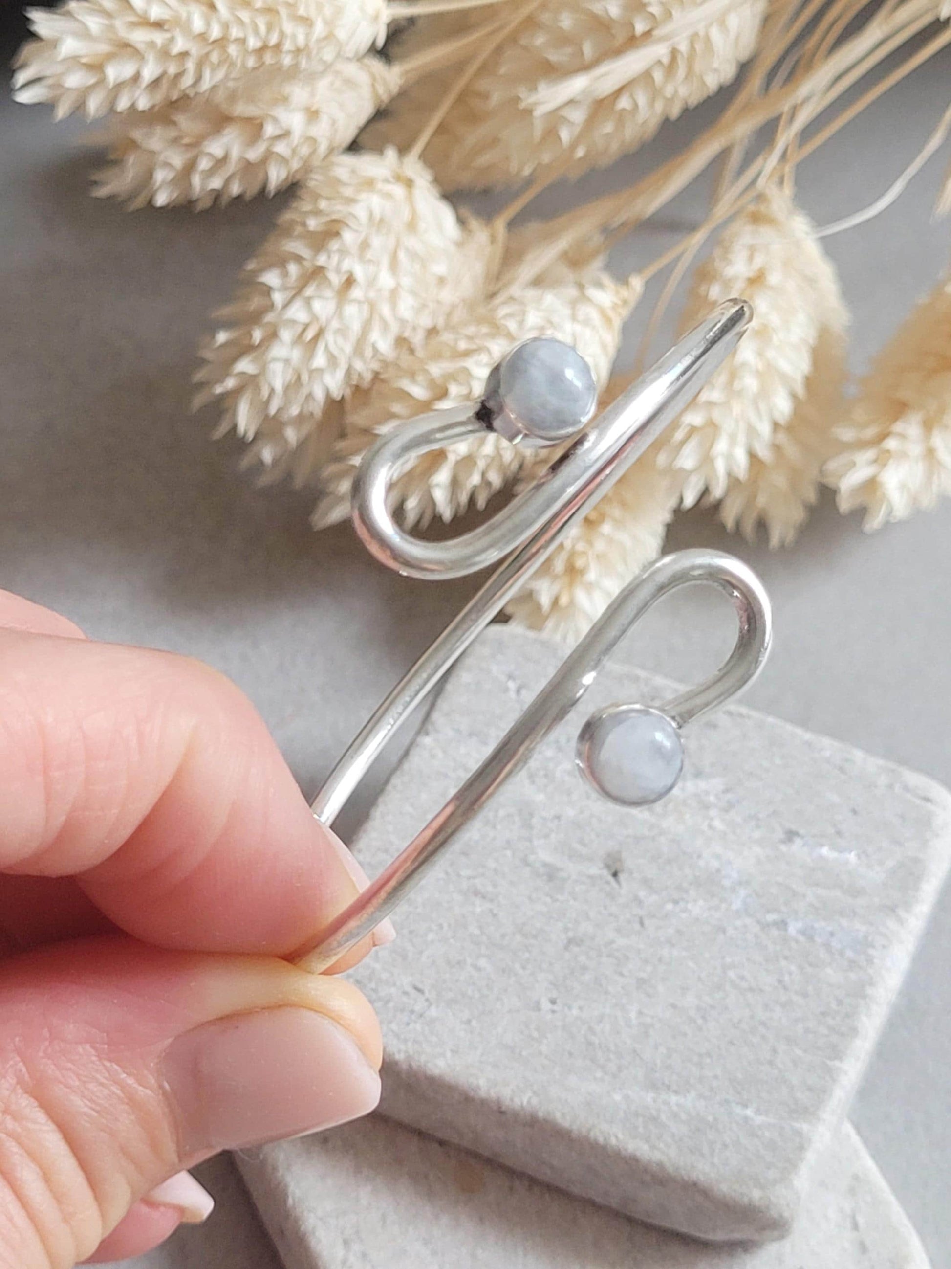 Silver Plated Double Stone Cuff Bracelet | Minimalist Boho, Hypoallergenic, Adjustable