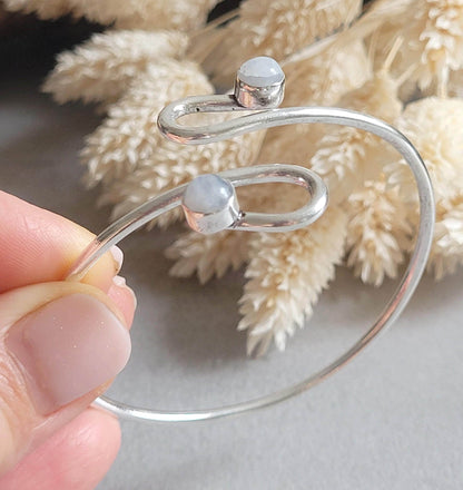 Silver Plated Double Stone Cuff Bracelet | Minimalist Boho, Hypoallergenic, Adjustable