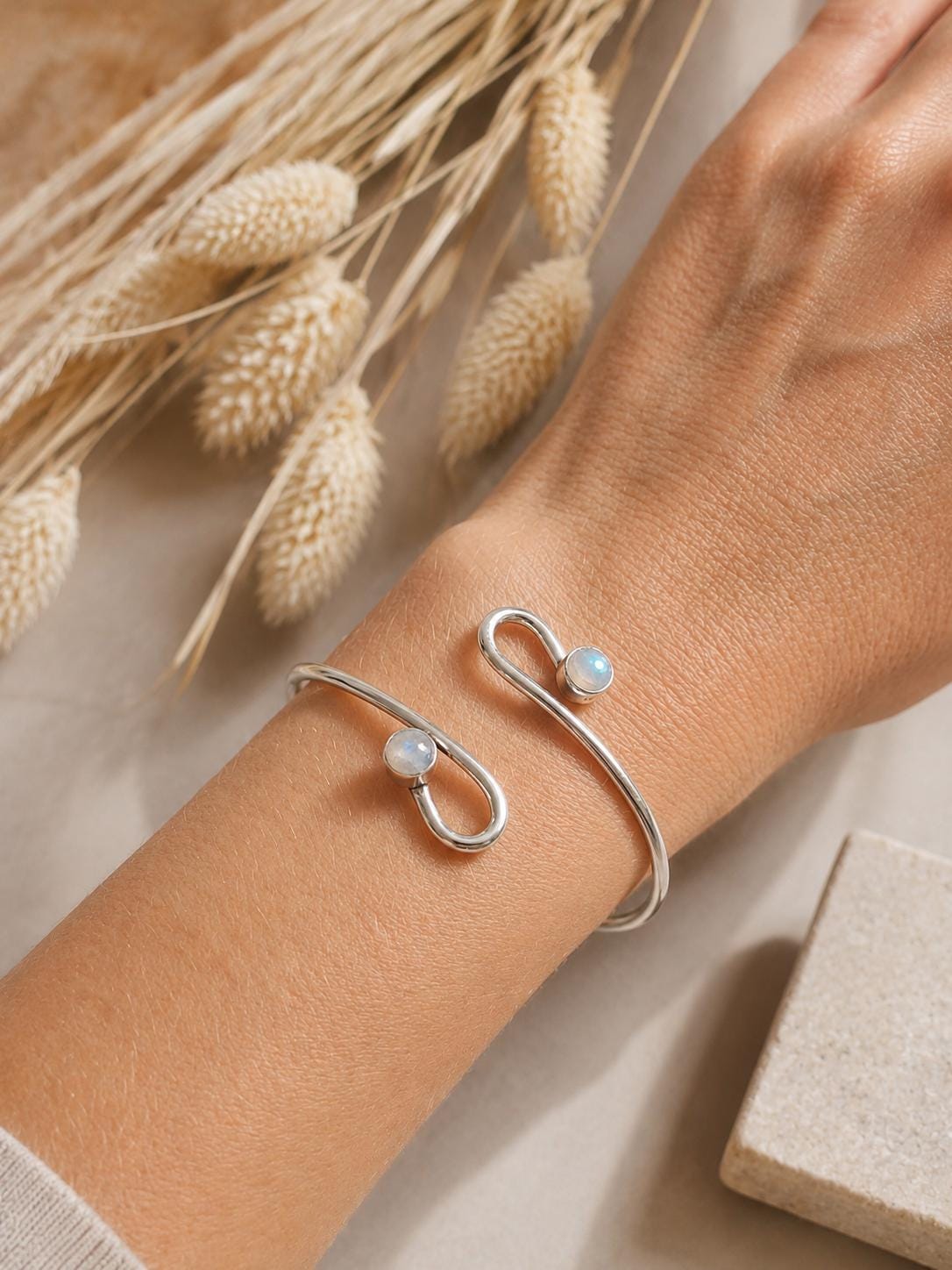 Silver Plated Double Stone Cuff Bracelet | Minimalist Boho, Hypoallergenic, Adjustable