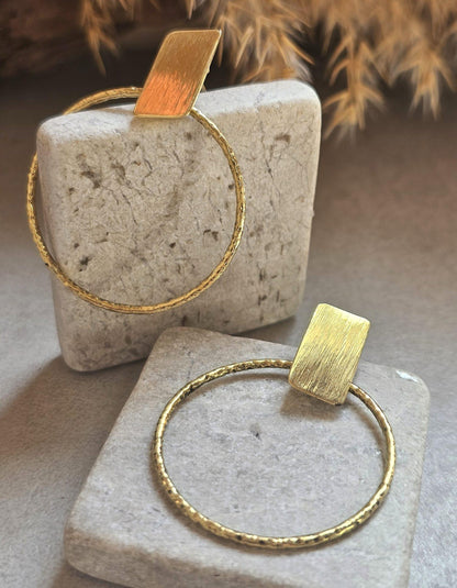Raw Brass Hoop Earrings | Textured Circle Drop Earrings | Minimalist Statement Earrings | Lightweight Everyday Jewellery