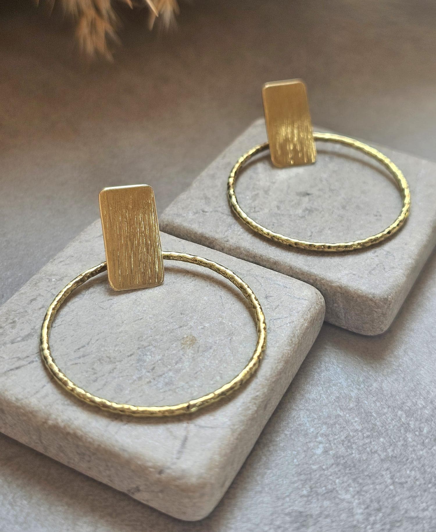 Raw Brass Hoop Earrings | Textured Circle Drop Earrings | Minimalist Statement Earrings | Lightweight Everyday Jewellery