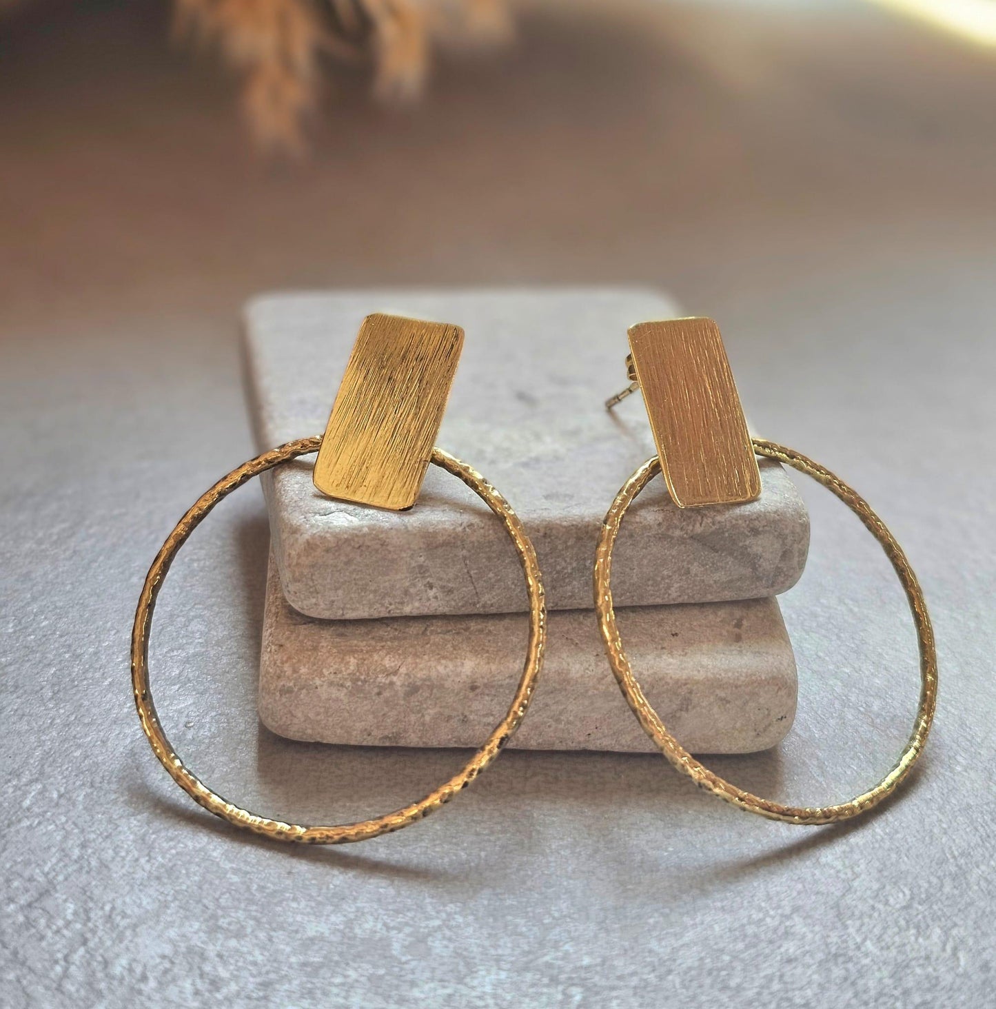 Raw Brass Hoop Earrings | Textured Circle Drop Earrings | Minimalist Statement Earrings | Lightweight Everyday Jewellery