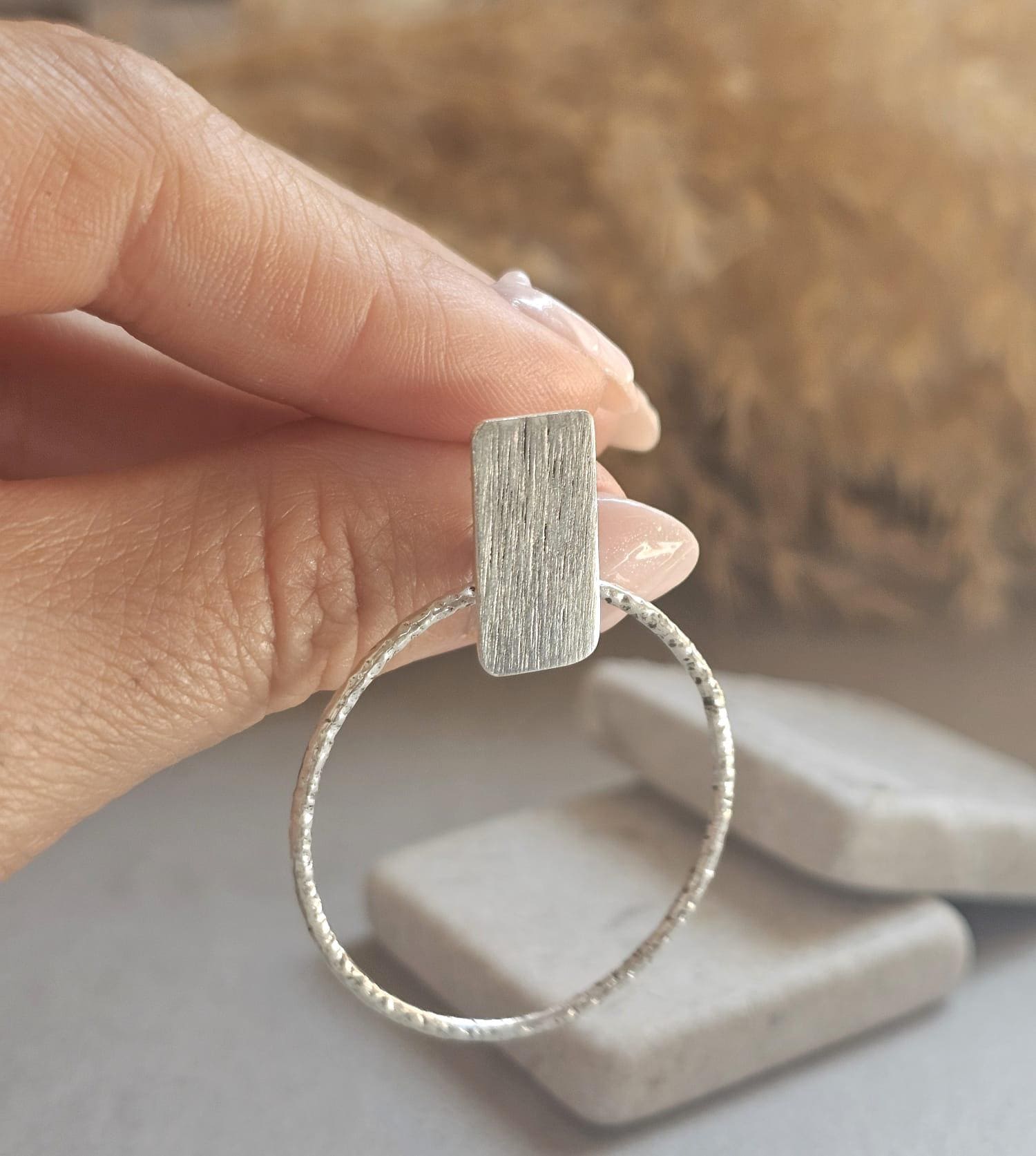 Silver Plated Face Forward Hoop Earrings | 4cm Textured Hoop Earrings | Minimalist Statement Earrings | Hypoallergenic Gift for Her