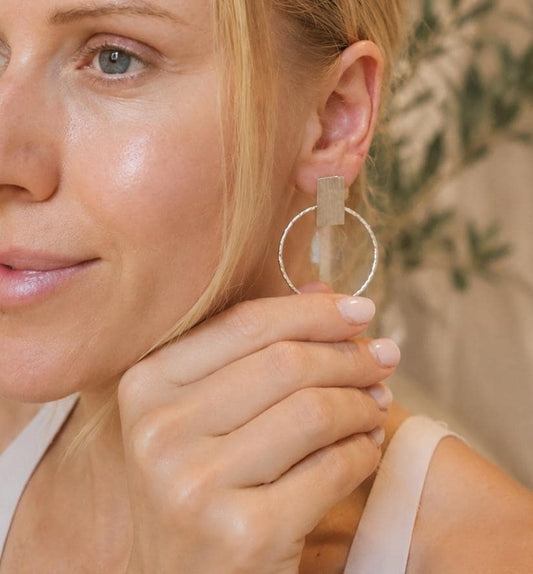 Silver Plated Face Forward Hoop Earrings | 4cm Textured Hoop Earrings | Minimalist Statement Earrings | Hypoallergenic Gift for Her