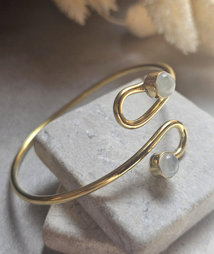 Raw Brass Double Stone Adjustable Bracelet | Minimalist Open Cuff Bracelet | Hypoallergenic Boho Jewellery | Gift for Her