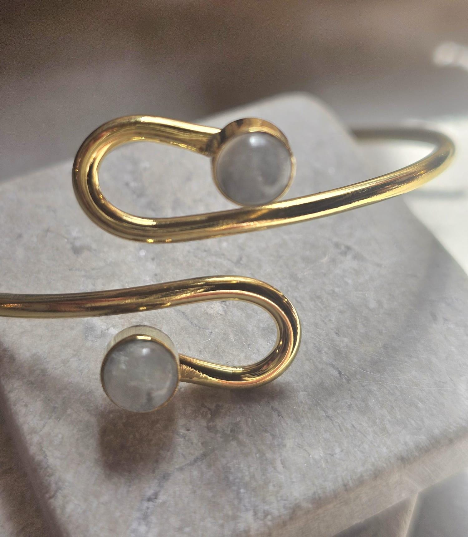 Raw Brass Double Stone Adjustable Bracelet | Minimalist Open Cuff Bracelet | Hypoallergenic Boho Jewellery | Gift for Her