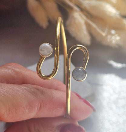 Raw Brass Double Stone Adjustable Bracelet | Minimalist Open Cuff Bracelet | Hypoallergenic Boho Jewellery | Gift for Her