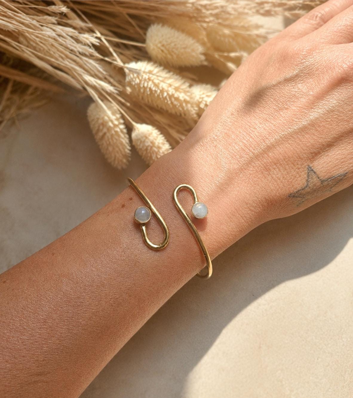 Raw Brass Double Stone Adjustable Bracelet | Minimalist Open Cuff Bracelet | Hypoallergenic Boho Jewellery | Gift for Her