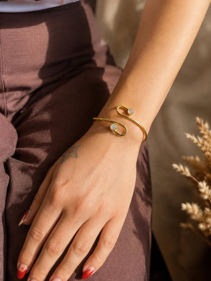 Raw Brass Double Stone Adjustable Bracelet | Minimalist Open Cuff Bracelet | Hypoallergenic Boho Jewellery | Gift for Her