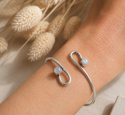 Silver Plated Double Stone Cuff Bracelet | Minimalist Boho, Hypoallergenic, Adjustable
