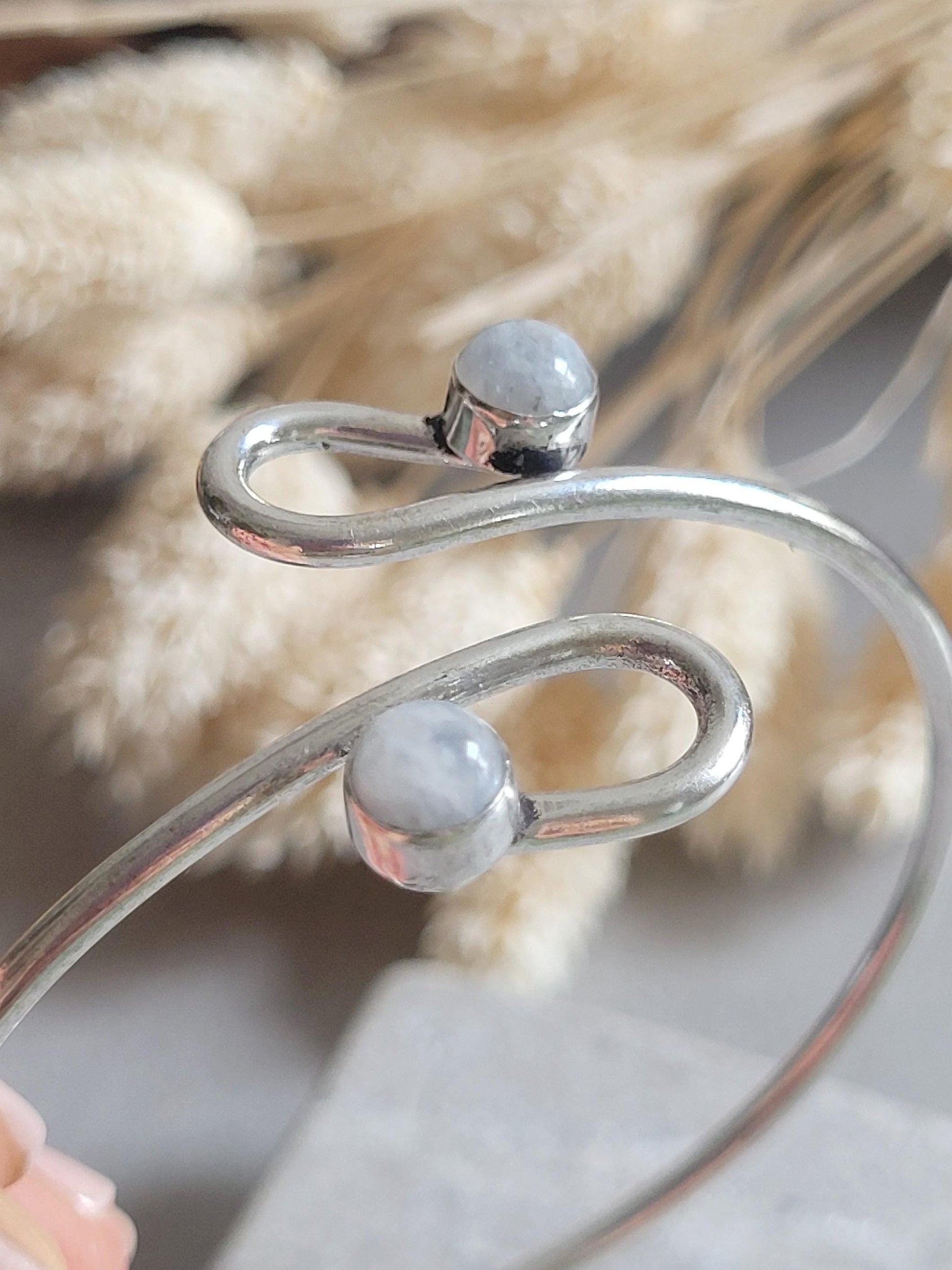 Silver Plated Double Stone Cuff Bracelet | Minimalist Boho, Hypoallergenic, Adjustable