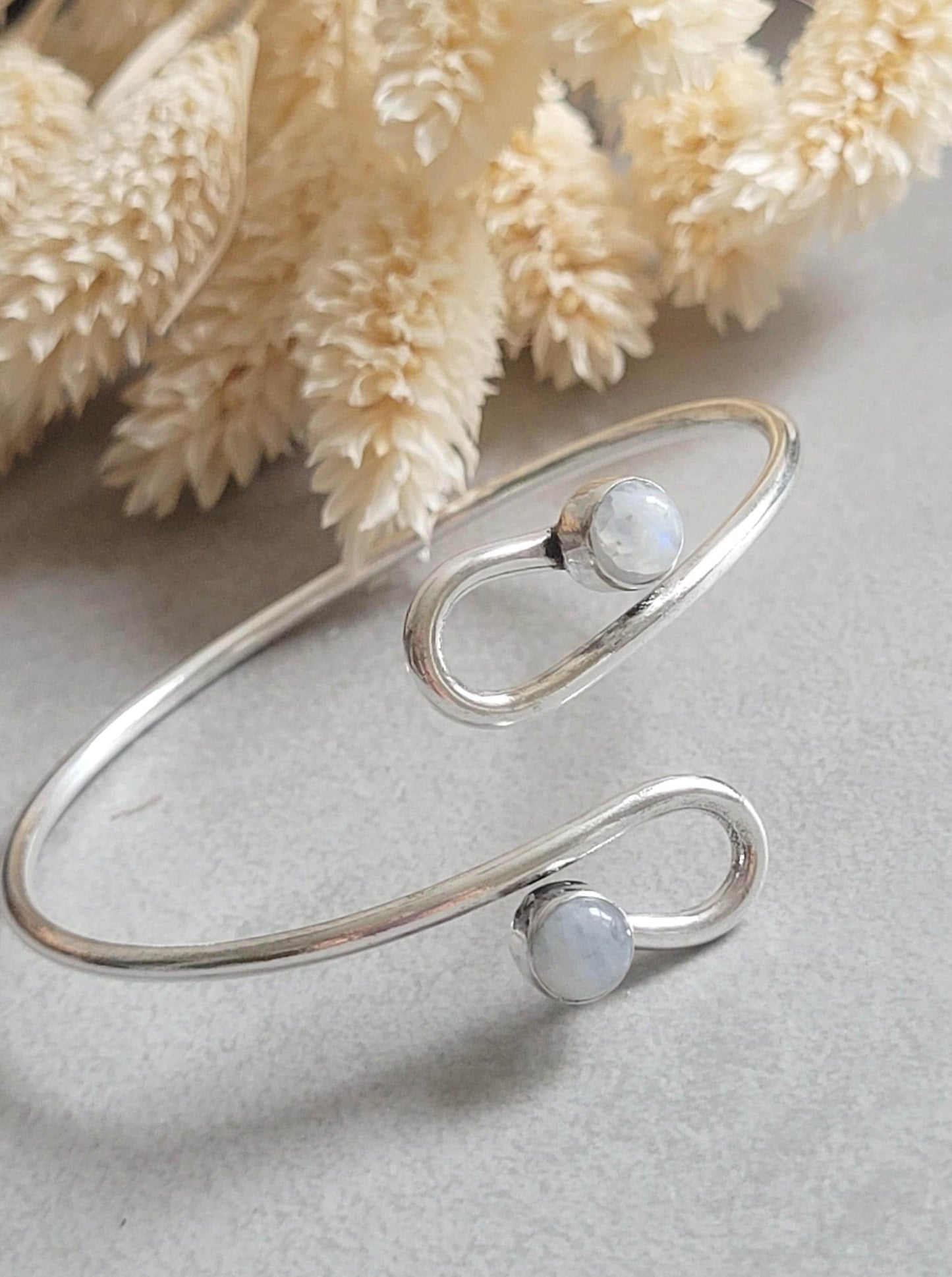 Silver Plated Double Stone Cuff Bracelet | Minimalist Boho, Hypoallergenic, Adjustable